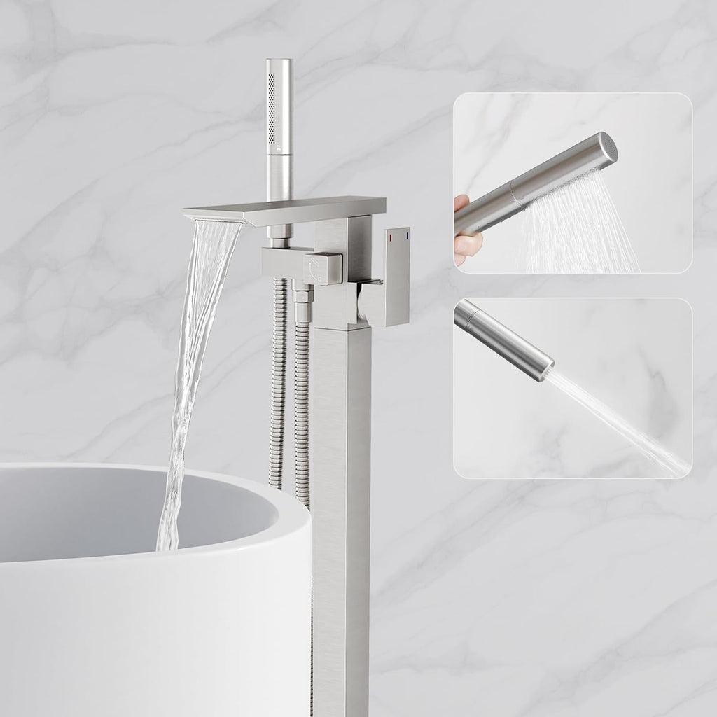 RUMOSE Brushed Nickel Bathtub Filler Freestanding Tub Filler Floor Mount Tub Faucet Waterfall Bathtub Faucet with CUPC Certified High Flow Brass Bath Shower Faucets with Handheld Sprayer
