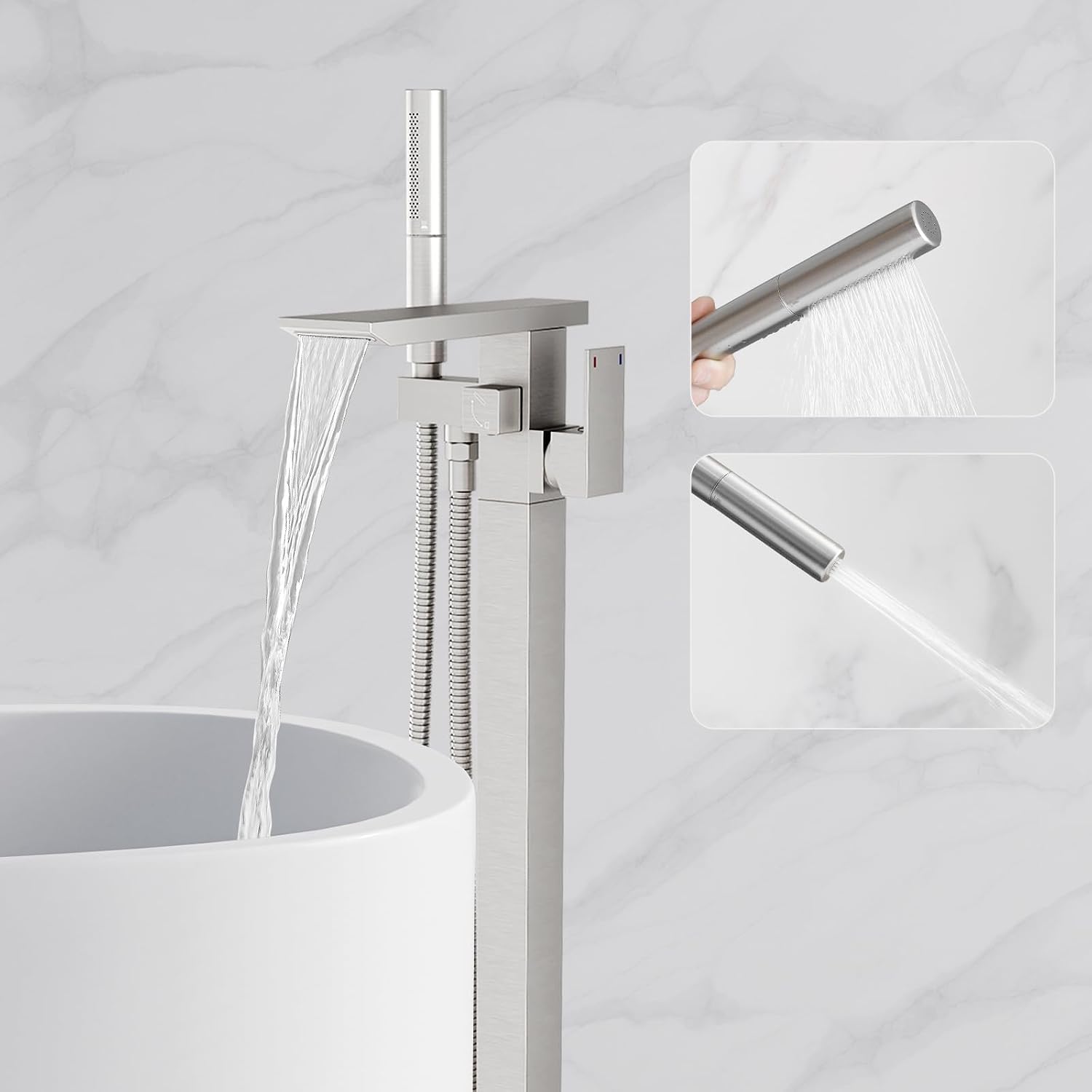 RUMOSE Brushed Nickel Bathtub Filler Freestanding Tub Filler Floor Mount Tub Faucet Waterfall Bathtub Faucet with CUPC Certified High Flow Brass Bath Shower Faucets with Handheld Sprayer