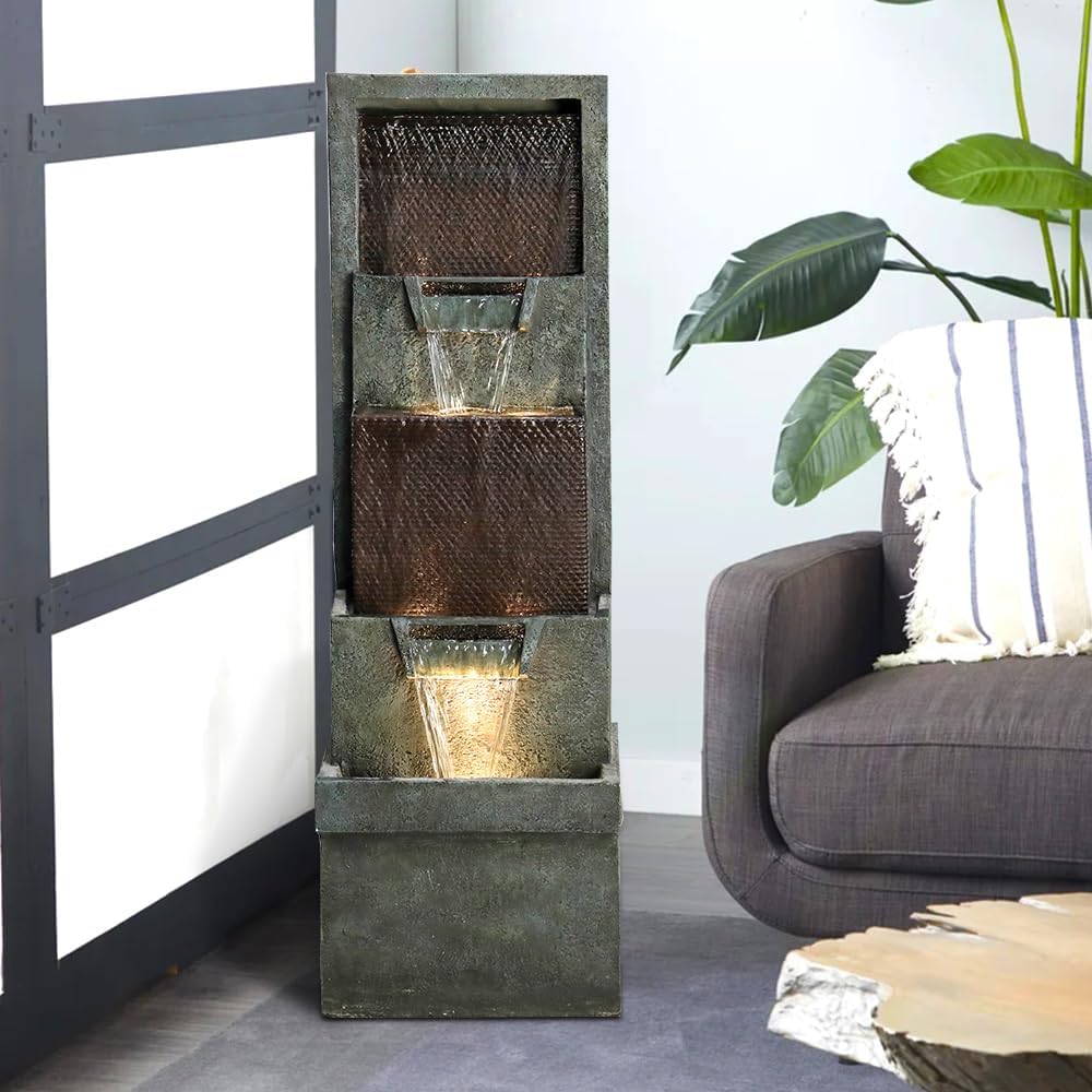 39.3'' Tall Floor Outdoor Fountains and Waterfalls with Lights Indoor Water Fountain Outdoor Modern Floor-Standing Fountain for Yard, Floor Patio, Backyard and Home Art Decor