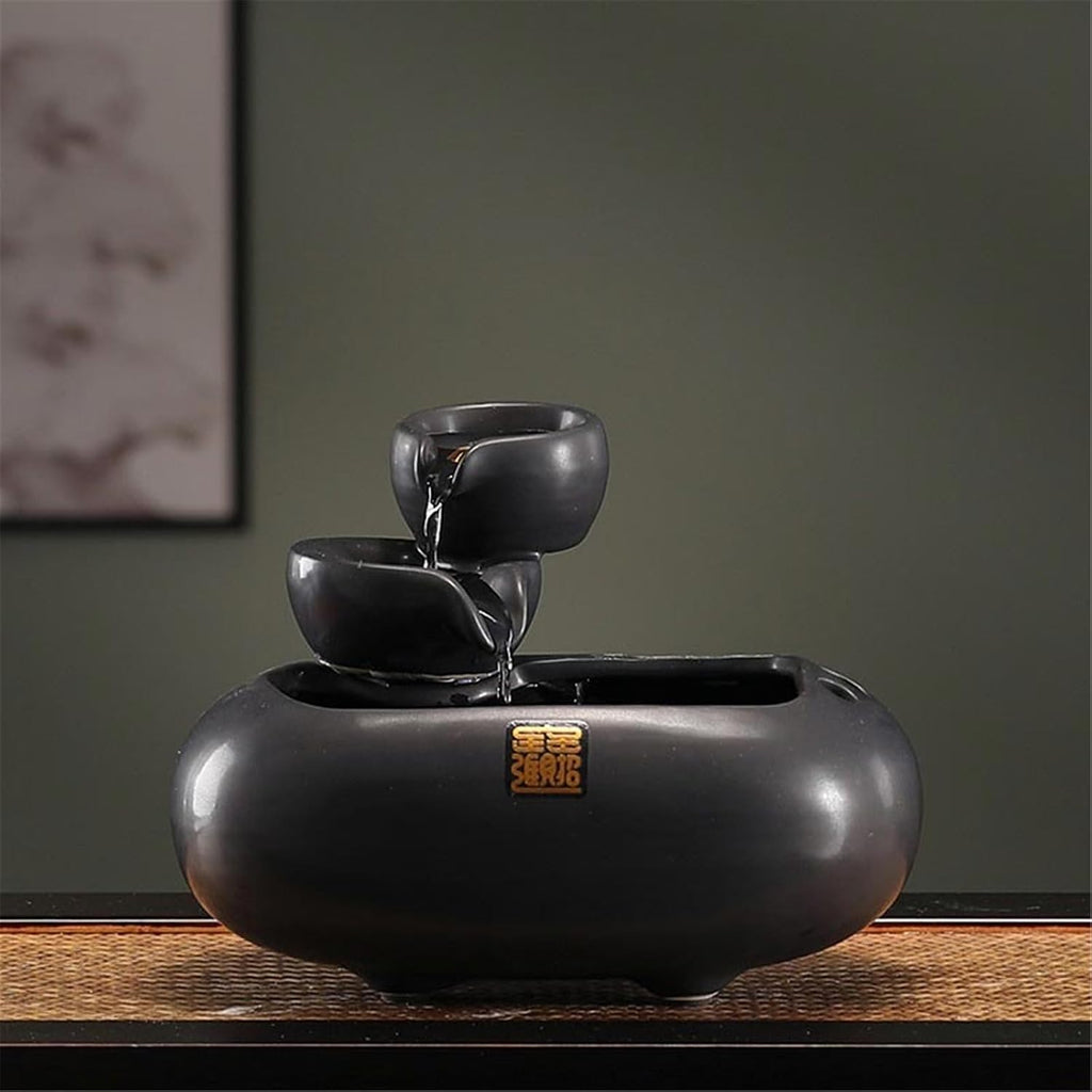 Tabletop Ceramic Waterfall Indoor Fountain Tabletop Water for Office Home Decor(Black)