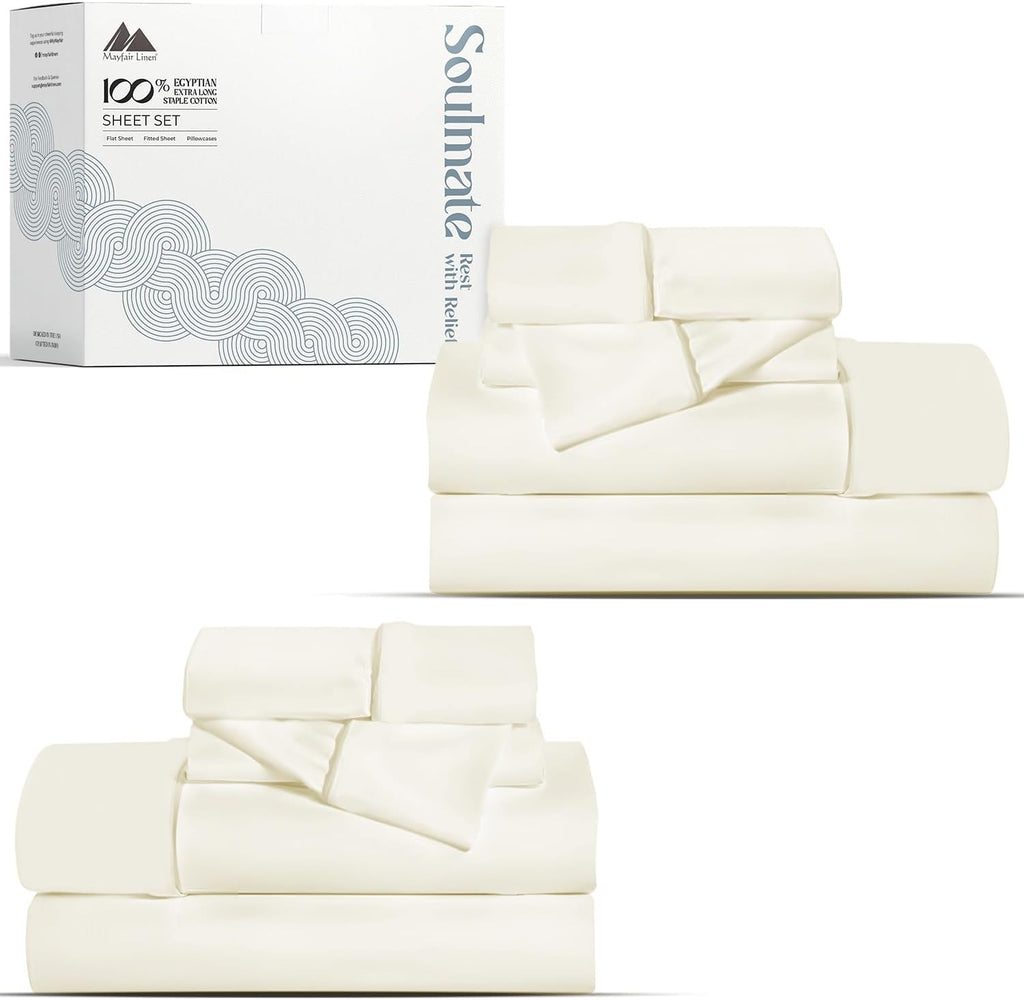 Mayfair Linen 100% Egyptian Cotton 2 Pack Full Sheet Set - Luxury 500 Series Soulmate Collection Cotton Sheets Full Size (8 PC, Ivory), Silky Soft, Cooling 16' Deep Pocket Hotel Quality Sheet
