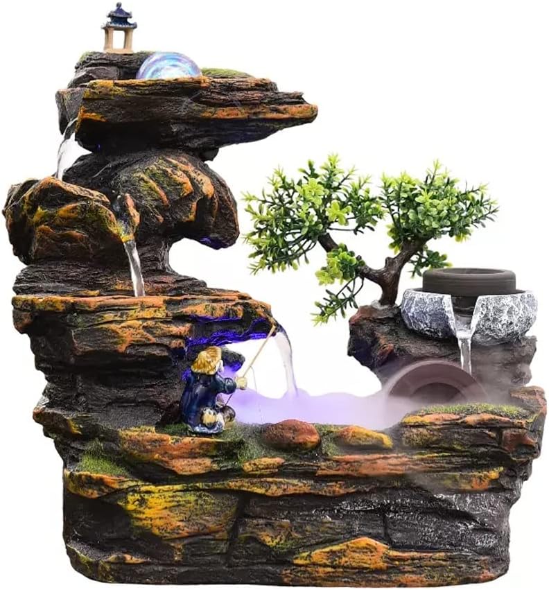 HIHELO Desktop Fountain Tabletop Fountain Resin Rockery Water Desktop Fountain Living Room Decorative Waterscape Ornament Water Fountain Outdoor (Color : with Nebulizer)