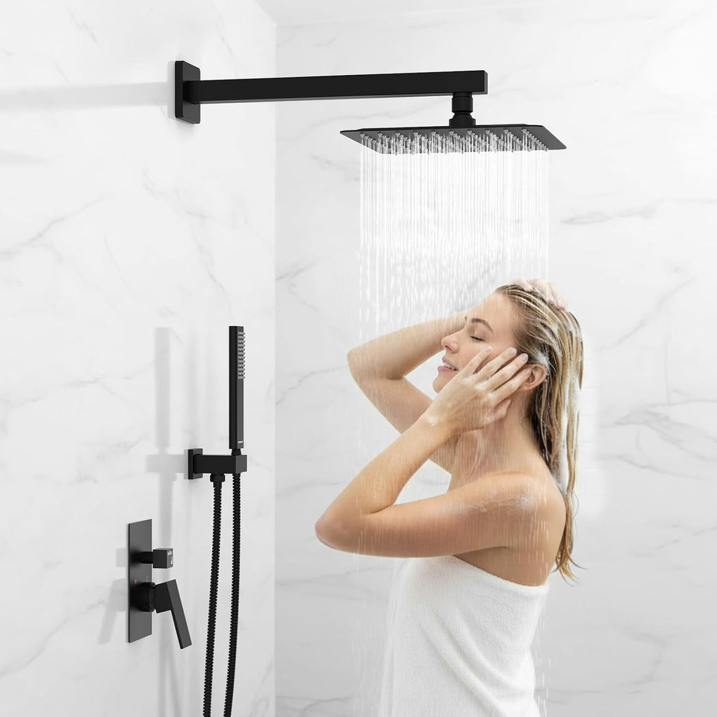 EMBATHER Black Shower System 12 Inches Shower Faucet Set with Square Rain Shower Head and Handheld For Bathroom, Matte Black Shower Combo Set Wall Mounted (Rough-in Valve & Trim Included)