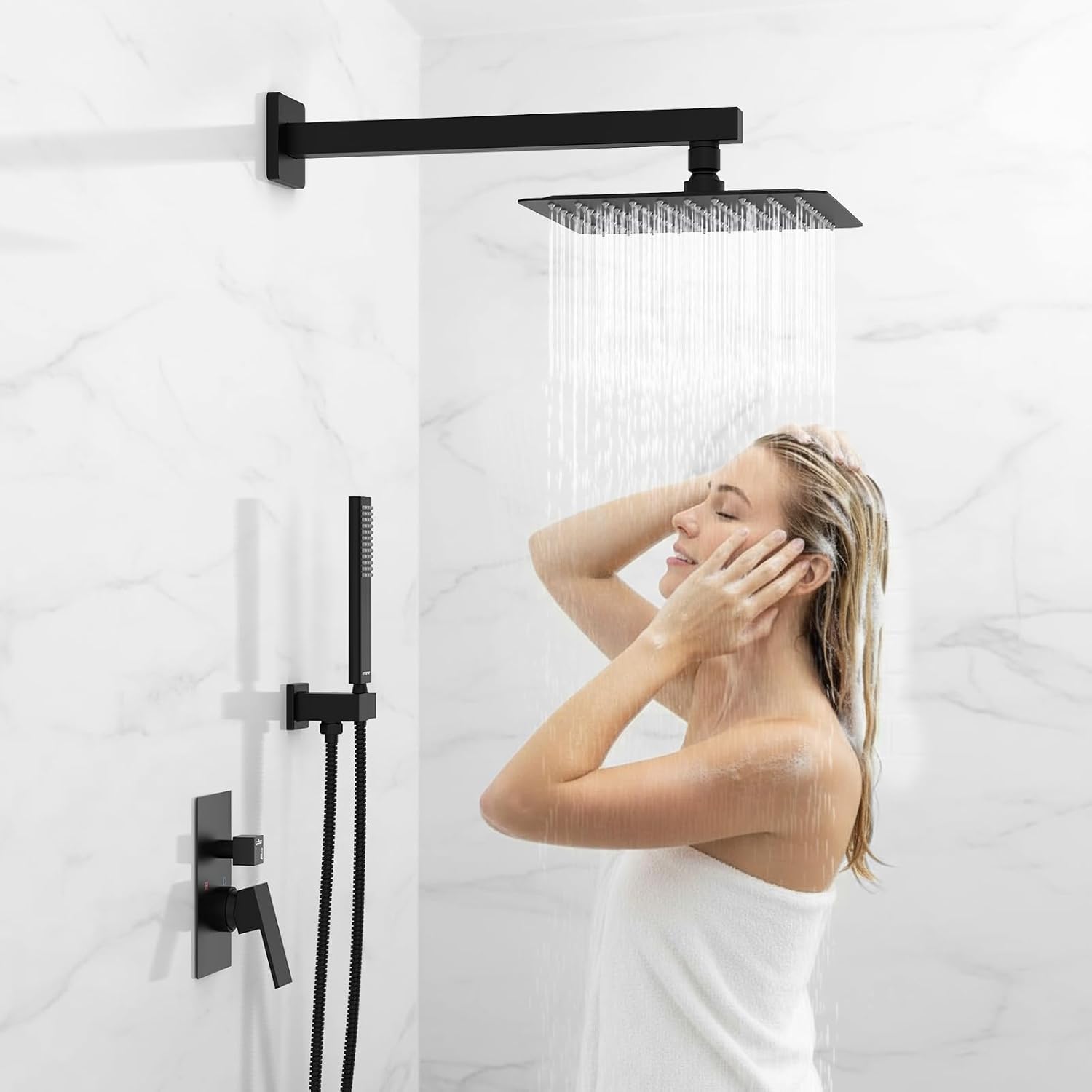 EMBATHER Black Shower System 12 Inches Shower Faucet Set with Square Rain Shower Head and Handheld For Bathroom, Matte Black Shower Combo Set Wall Mounted (Rough-in Valve & Trim Included)