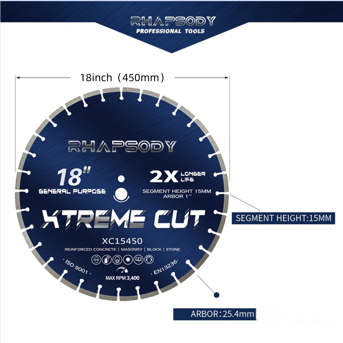 RHAPSODY 18 Inch Diamond Saw Blade - Segmented General Purpose for Dry/Wet Cutting Concrete, Reinforced Concrete, Masonry, Brick, Block - 1' Arbor