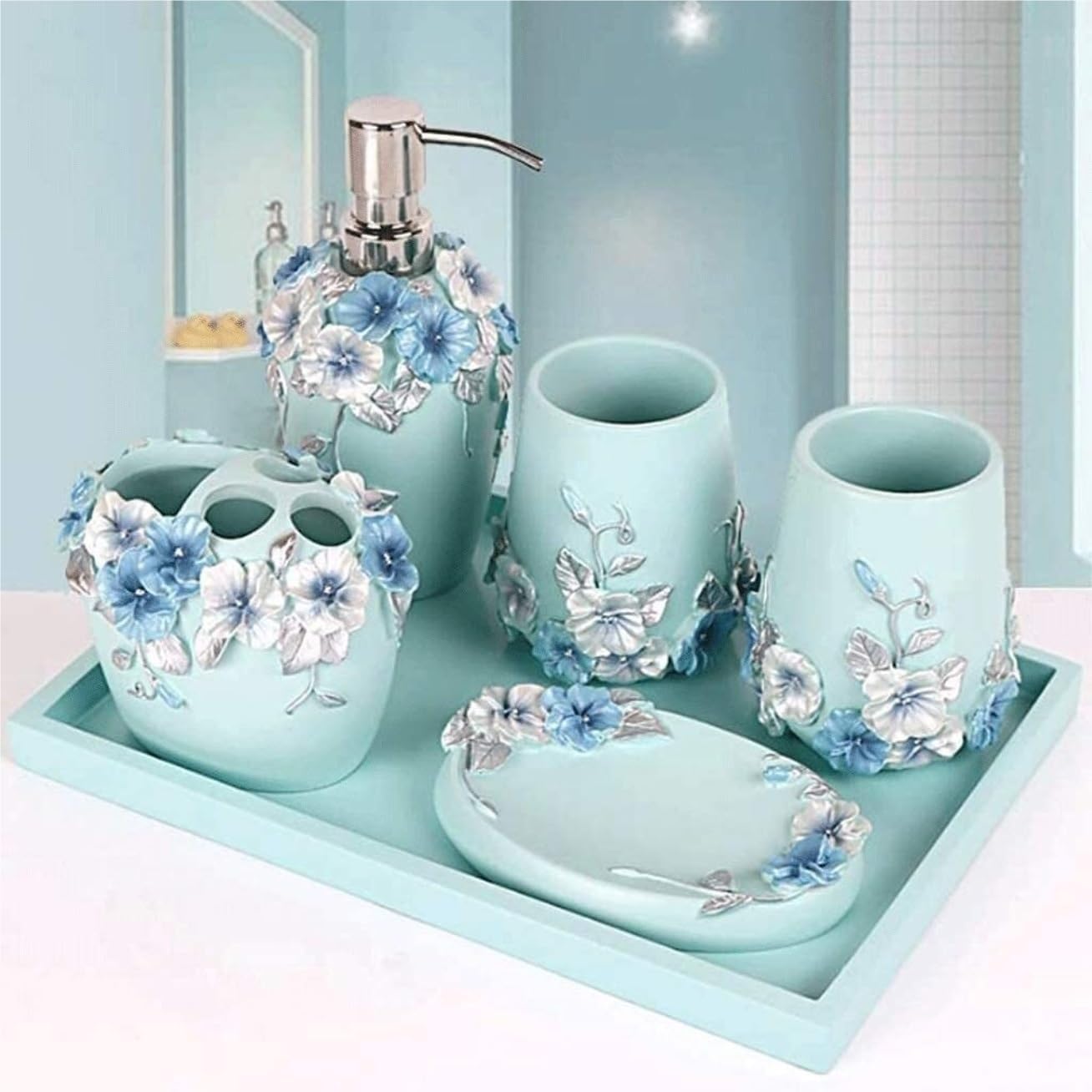 Countertop Organizer for Bathroom 6pcs/Set Liquid Dispenser Bathroom Accessories Set Resin Toothbrush Holder Soap Dish Home Decor(Blue)
