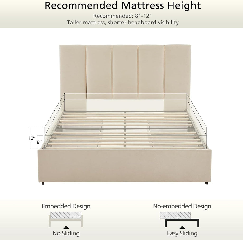 VELOCAVA Full Size Upholstered Bed with 4 Storage Drawers, Modern Linen Platform Bed Frame with Vertical Channel Headboard, Sturdy Wood Slats, Space-Saving Design, No Box Spring Needed, Beige