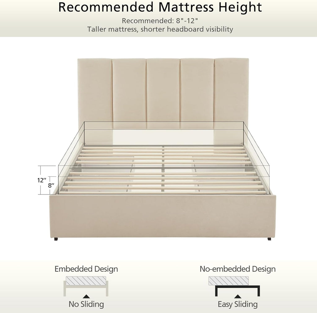 VELOCAVA Queen Size Upholstered Storage Bed Frame with 4 Drawers, Modern Linen Platform Bed with Vertical Channel Headboard, Sturdy Wood Slats, Under Bed Storage, No Box Spring Needed, Beige