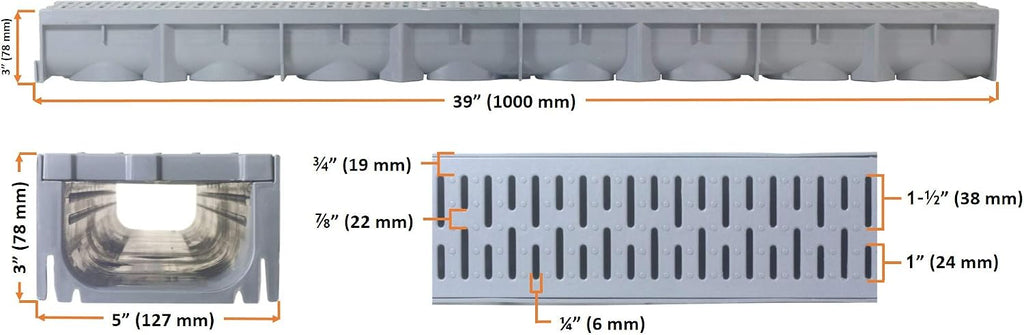 URA WATER - Model UA-100 - Drainage Trench Set - Channel Drain With Grate - Gray Plastic - 3 x 39' - (117' Total Length)
