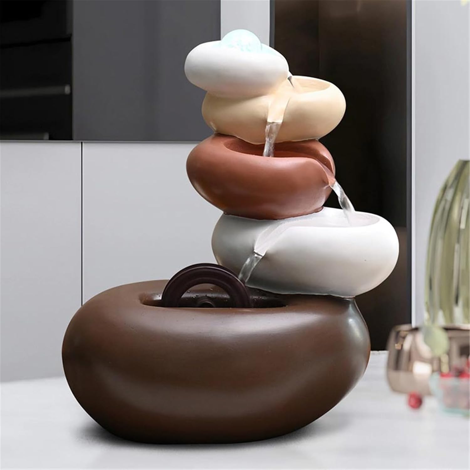 Tabletop Minimalism Tabletop Fountain Indoor Waterfall Meditation Like Layers of Rock Decor(Large)
