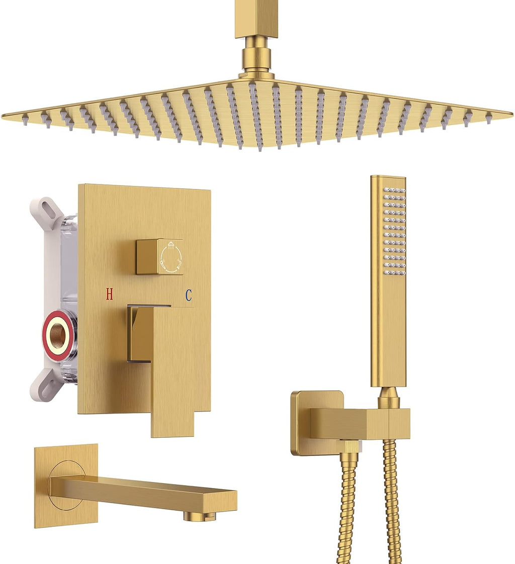 Iriber Ceiling Brushed Gold Rain Shower System with Waterfall Tub Spout 3 Function Shower Faucet Set Contain 12 Inch Shower Head and Handheld Shower Trim Kit (Valve Cartridge Included)