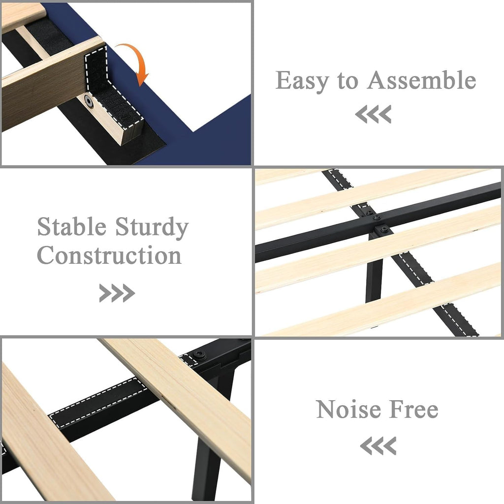 HOMBCK Queen Bed Frame with Headboard and Footboard and Footboard, Velvet Upholstered Platform Bed Frame with Diamond Design, No Box Spring Needed, Easy Assembly, Blue