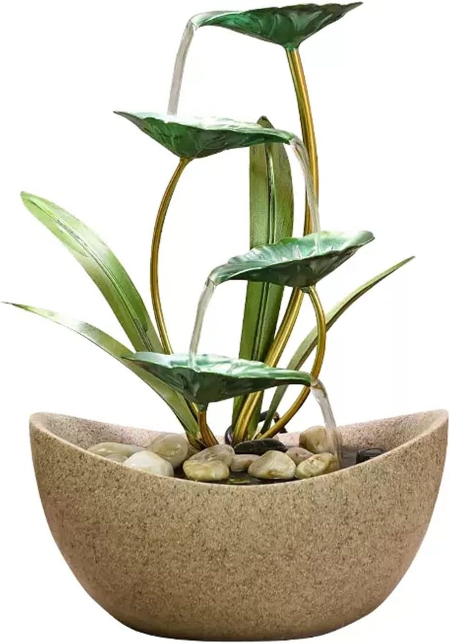 HIHELO Desktop Fountain Table Fountain Table Top 4 Tiers Indoor Green Iron Lotus Leaf Relaxing Fountain Waterfall Office Home Decoration Water Fountain Outdoor