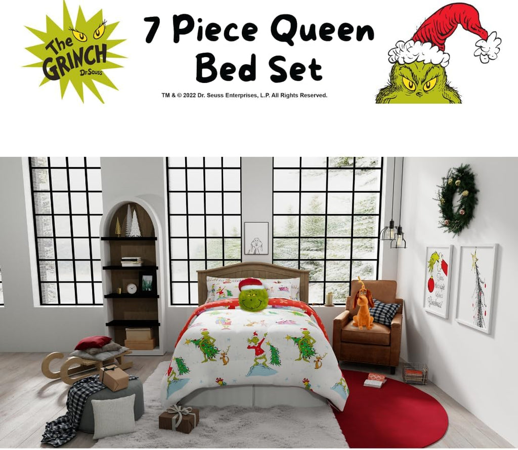 Grinch By Dr. Seuss Holiday & Christmas Bedding Super Soft Comforter and Sheet Set with Sham, 7 Piece Queen Size (Official Dr. Seuss Product) By Franco