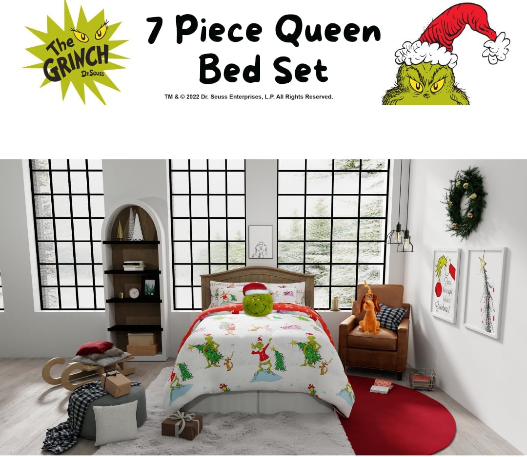 Grinch By Dr. Seuss Holiday & Christmas Bedding Super Soft Comforter and Sheet Set with Sham, 7 Piece Queen Size (Official Dr. Seuss Product) By Franco