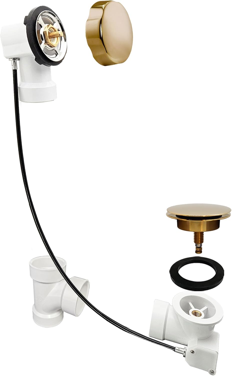 Westbrass D50P45-01 45' Cable Drive Standard Bath Drain Trim Kit with Rotary Overflow Cover Knob, Pop-Up Stopper and SCH. 40 PVC Fittings, Polished Brass