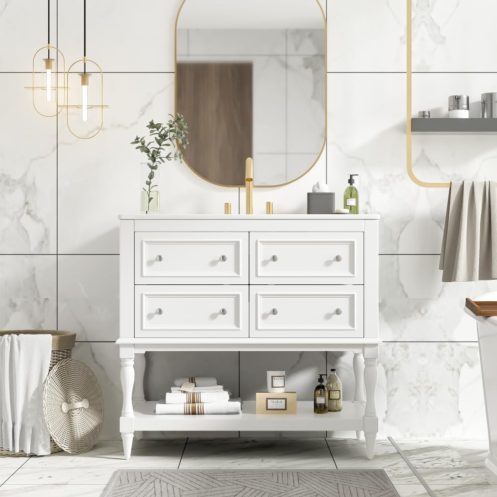 36 Inch Bathroom Vanity with Undermount Ceramic Sink, Free Standing Cabinet with 4 Drawers, Solid Wood Frame Modern Storage Set, Complete Single Basin Vanity for Bathroom (White)