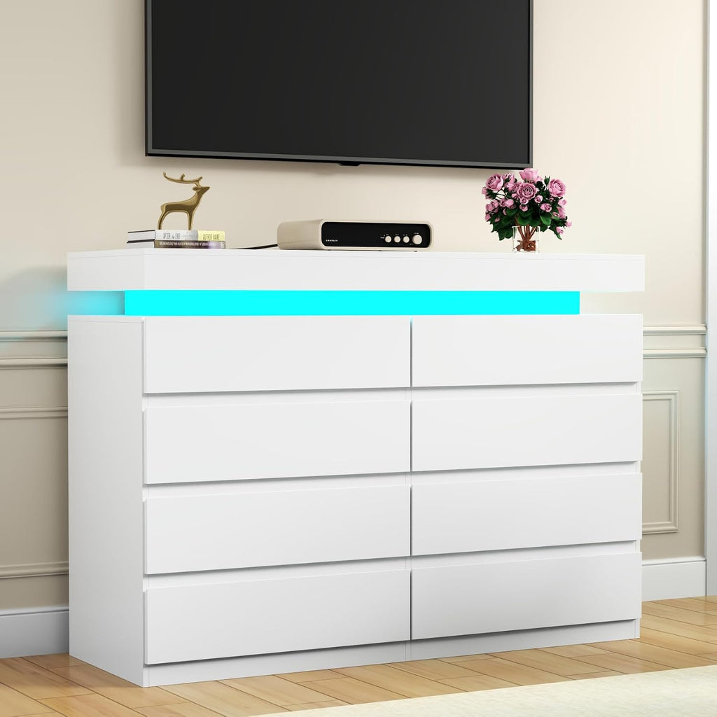 Gyfimoie 8 Drawer Dresser with Power Outlet, Dresser with LED Light, Modern Chest of Drawers for Closet, Double Wide Drawer Organizer Cabinet for Bedroom, Living Room (White, 8 Drawers)