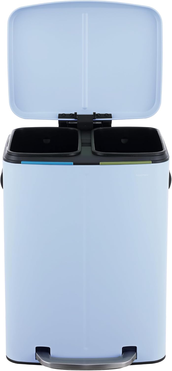 happimess HPM1005H Marco Rectangular 10.6-Gallon Double Bucket Trash Can with Soft-Close Lid, Tide Pool Blue, Fingerprint Resistant, Modern, Minimalistic for Home, Kitchen, Office, Bedroom, Bathroom