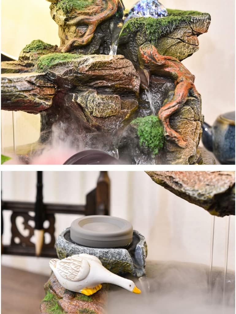 Tabletop Fountain Indoor Tabletop Fountain Indoor Waterfall Fountain Decoration Tabletop Fountain with LED Light Artificial Bonsai Tree Indoor Fountain Tabletop(with Nebulizer)