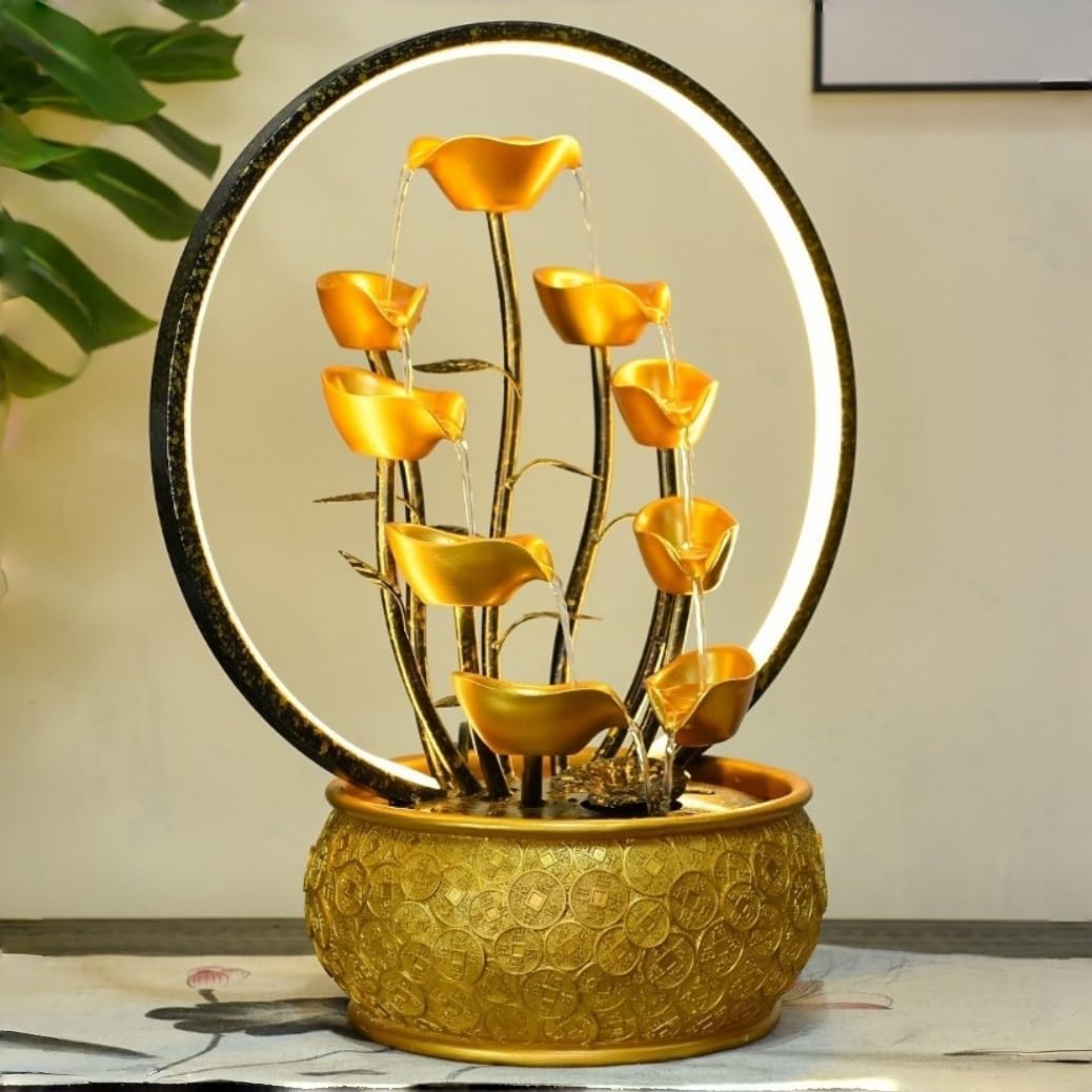 Gold Money Tree Feng Shui Tabletop Fountain with LED Light and Automatic Pump, Wealth Luck Indoor Waterfall Decor, Resin Desktop Water Feature for Home Office Zen Relaxation(Large)