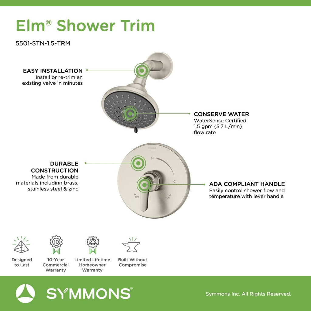 Symmons 5501-STN-1.5-TRM Elm Single Handle 5-Spray Shower Trim in Satin Nickel - 1.5 GPM (Valve Not Included)
