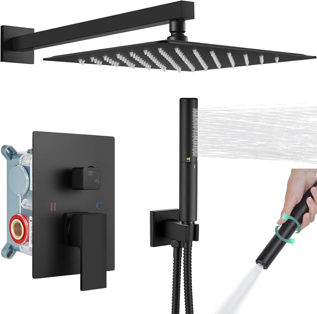 Heyalan Shower System Square Rain Shower System Head Shower Faucet Fixture 2 in 1 Handheld Shower Sprayer Rough in Valve Wall Mount Bathroom Rainfall Combo Set High Pressure,12 Inch,Matte Black
