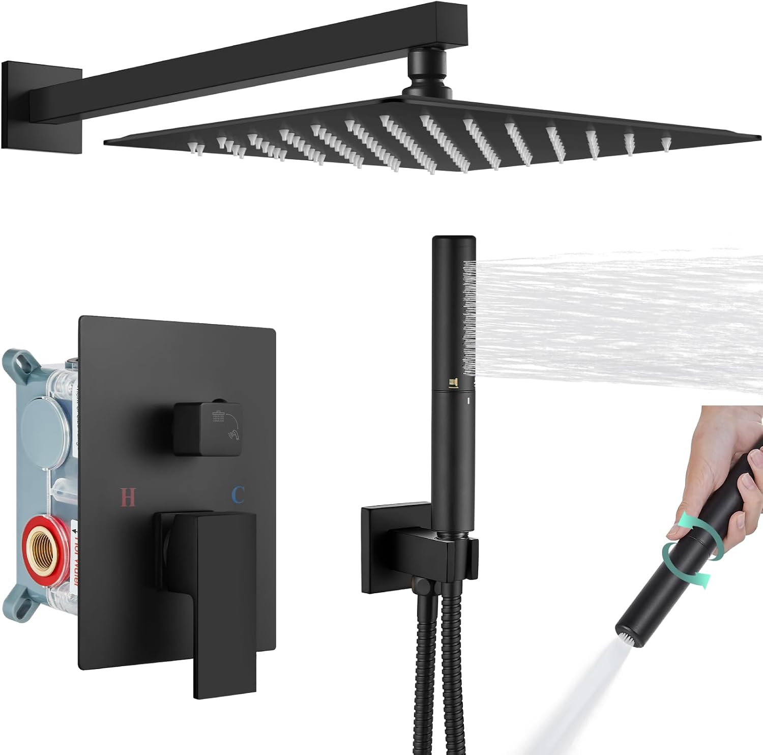 Heyalan Shower System Square Rain Shower System Head Shower Faucet Fixture 2 in 1 Handheld Shower Sprayer Rough in Valve Wall Mount Bathroom Rainfall Combo Set High Pressure,12 Inch,Matte Black