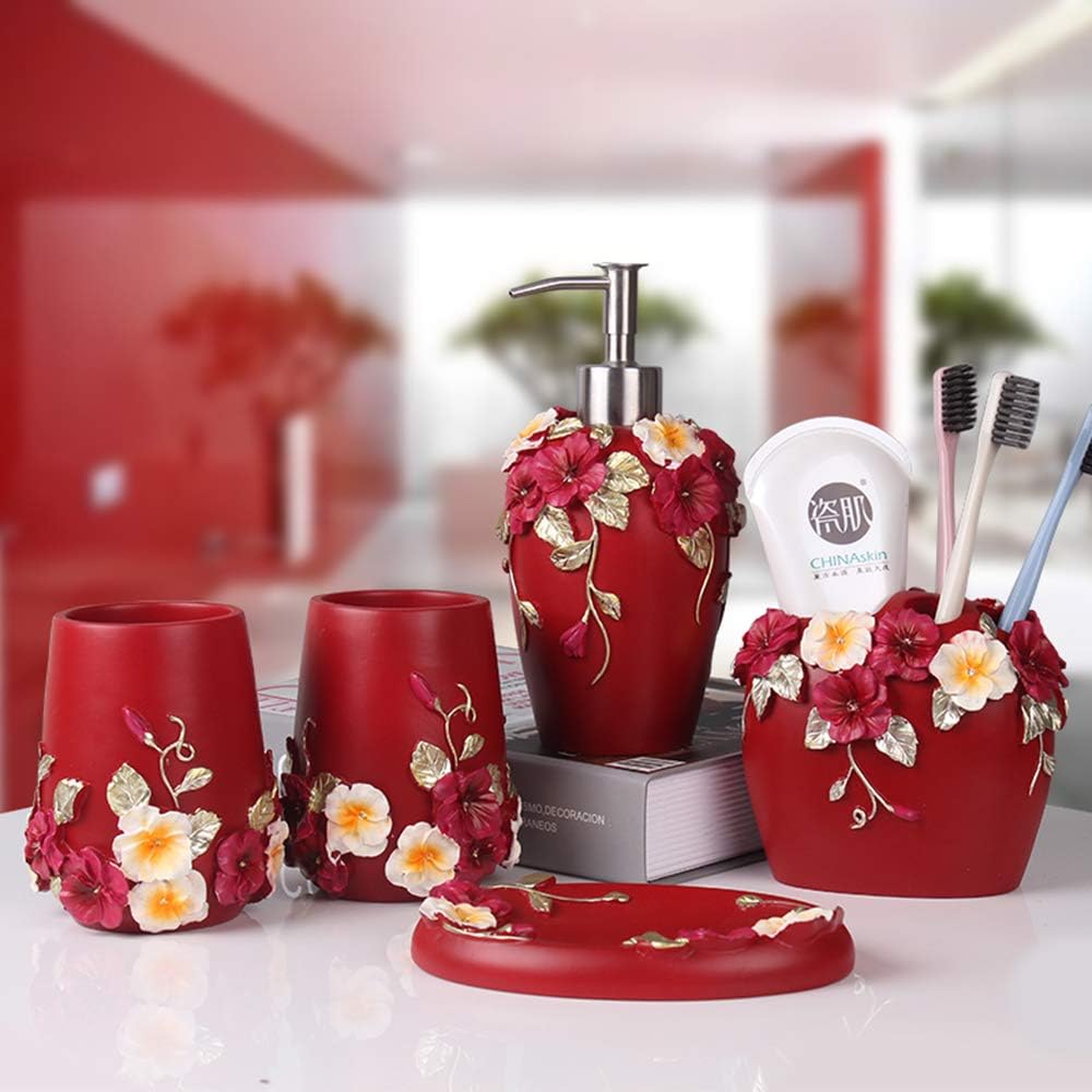 Bathroom Accessories Set Creativity Romantic Wedding Bath Set Resin Bath Ensemble Includes Toothbrush Holder, 2 Tumblers, Liquid Soap Dispenser, Soap Dish,Red