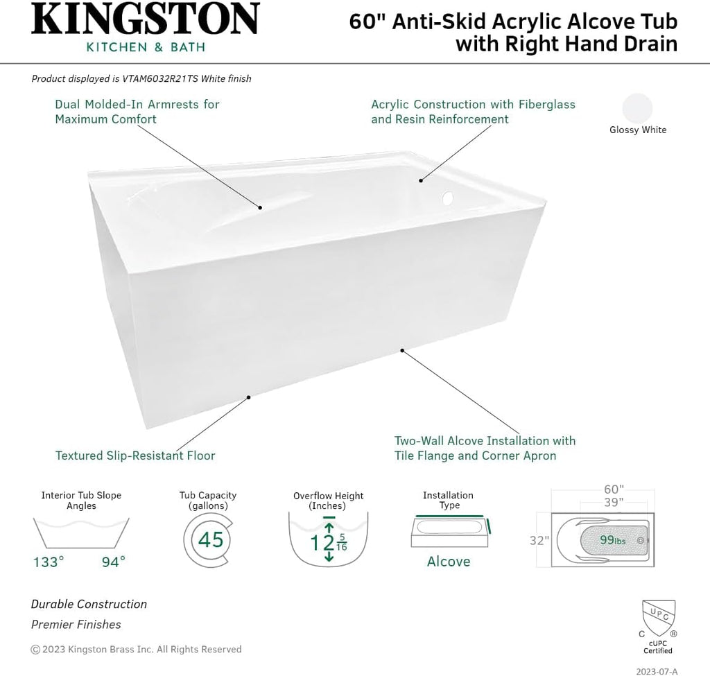 Aqua Eden VTAM6032R21TS 60-Inch Acrylic 2-Wall Corner Alcove Tub with Right Hand Drain, White