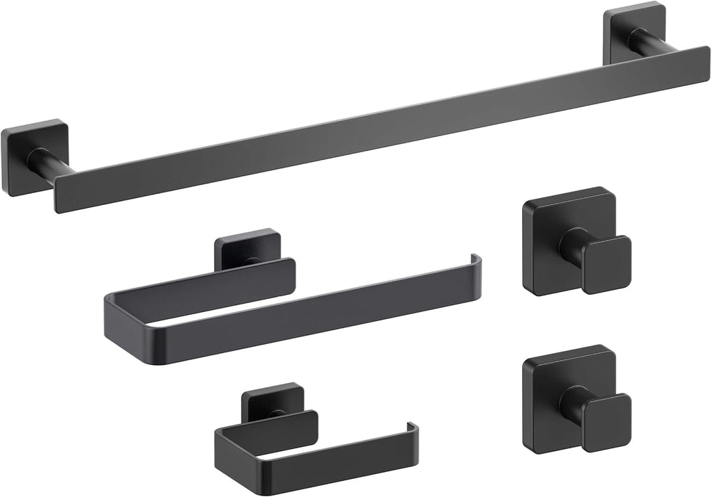 Kibi Blaze 5-Piece Bathroom Hardware Set – Includes 19 -Inch Hand Towel Bar and Holder, Toilet Paper Holder, Robe Hook – Wall Mounted, Solid Brass, Modern Bath Accessories (Matte Black, KBA16-5-1)
