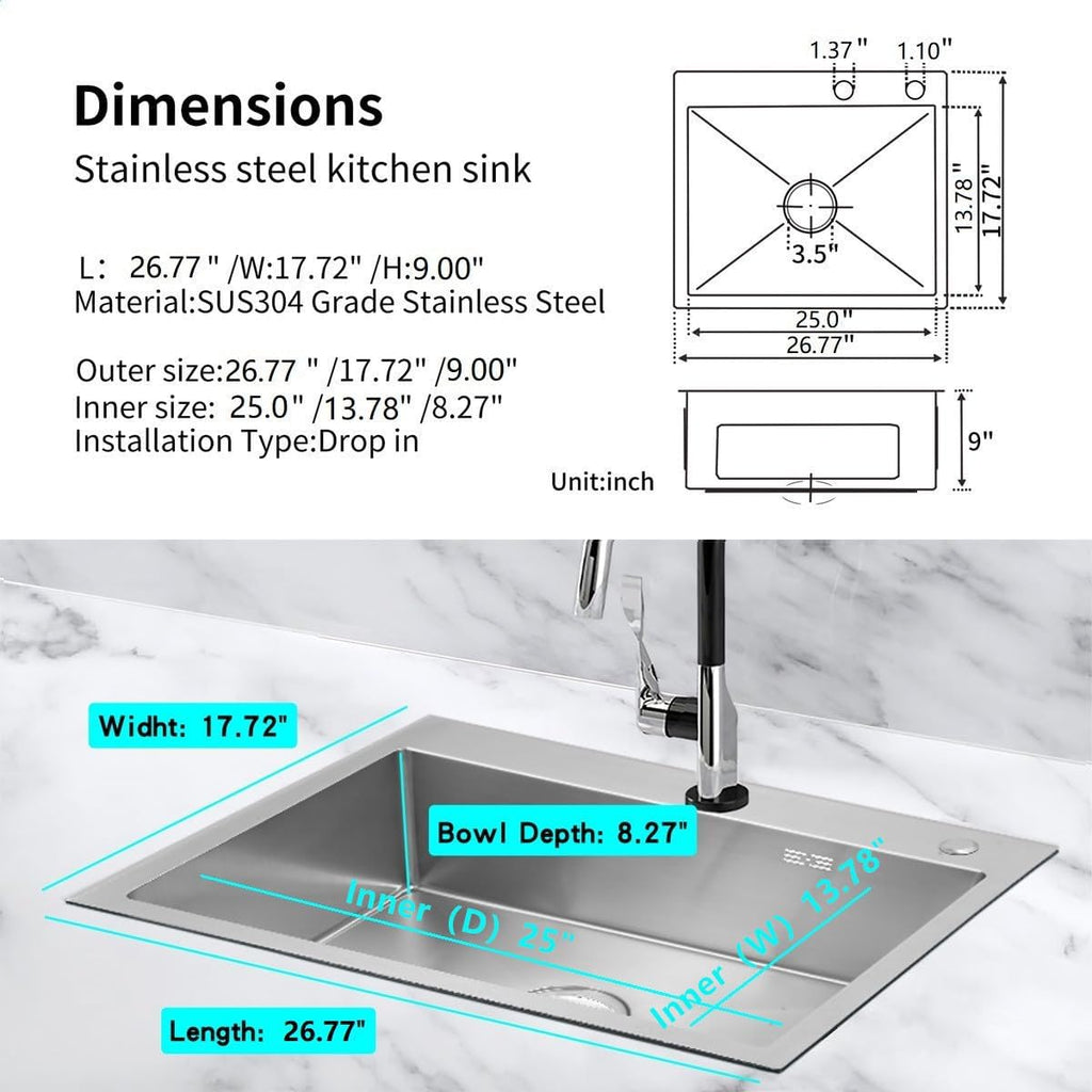 27 inch Kitchen Sink Drop in Stainless Steel Top Mount Sink with Brushed Finish, Single Bowl Workstation Sink with Basket Strainer and Kitchen Sink Caddy Organizer 26.8'D x 17.7'W x 8.3'H