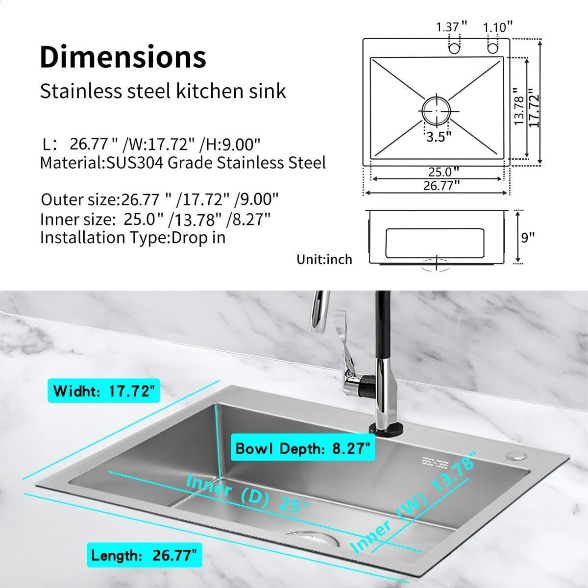 27 inch Kitchen Sink Drop in Stainless Steel Top Mount Sink with Brushed Finish, Single Bowl Workstation Sink with Basket Strainer and Kitchen Sink Caddy Organizer 26.8'D x 17.7'W x 8.3'H