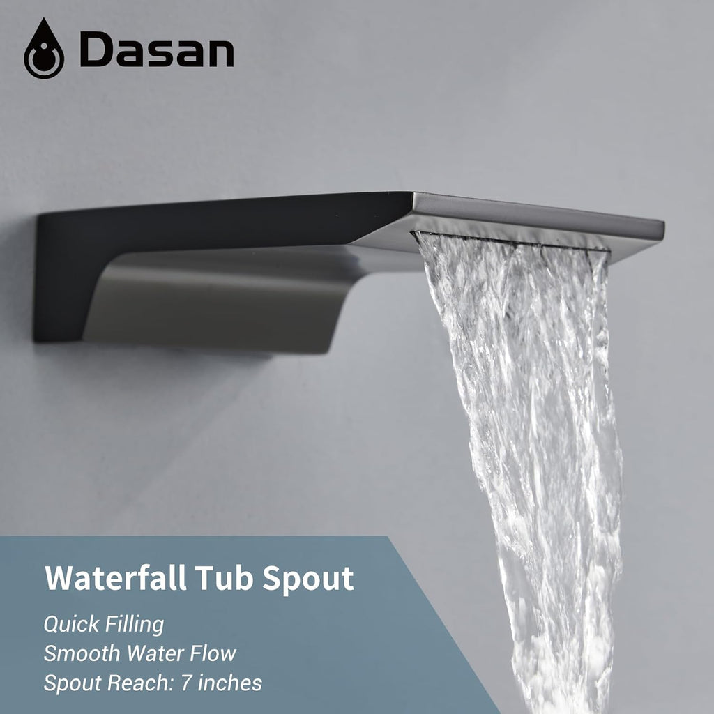 DASAN Tub Shower Faucets Sets Complete Matte Black Bathtub Shower System with Waterfall Tub Spout, Bathtub Faucet Set Tub and Shower Faucet Combo Trim Kit with Valve, DA-SS04MB-S10W