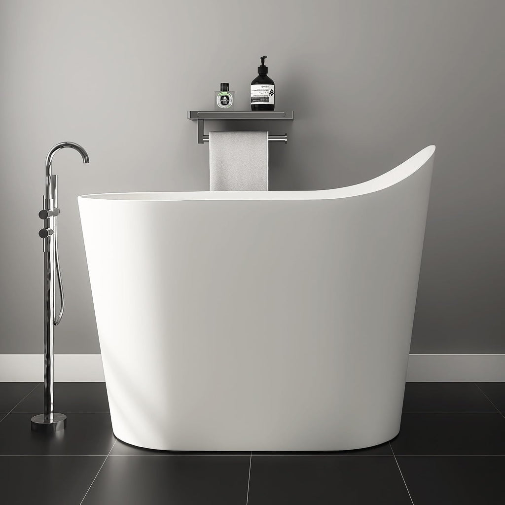 43' Stone Resin Janpanese Soaking Tub, Freestanding Deep Soaking Bathtub with Seat Desgin,Toe-tap Chrome Right Drain, Slotted Overflow, cUPC Certified, Matte White AMG026-1100