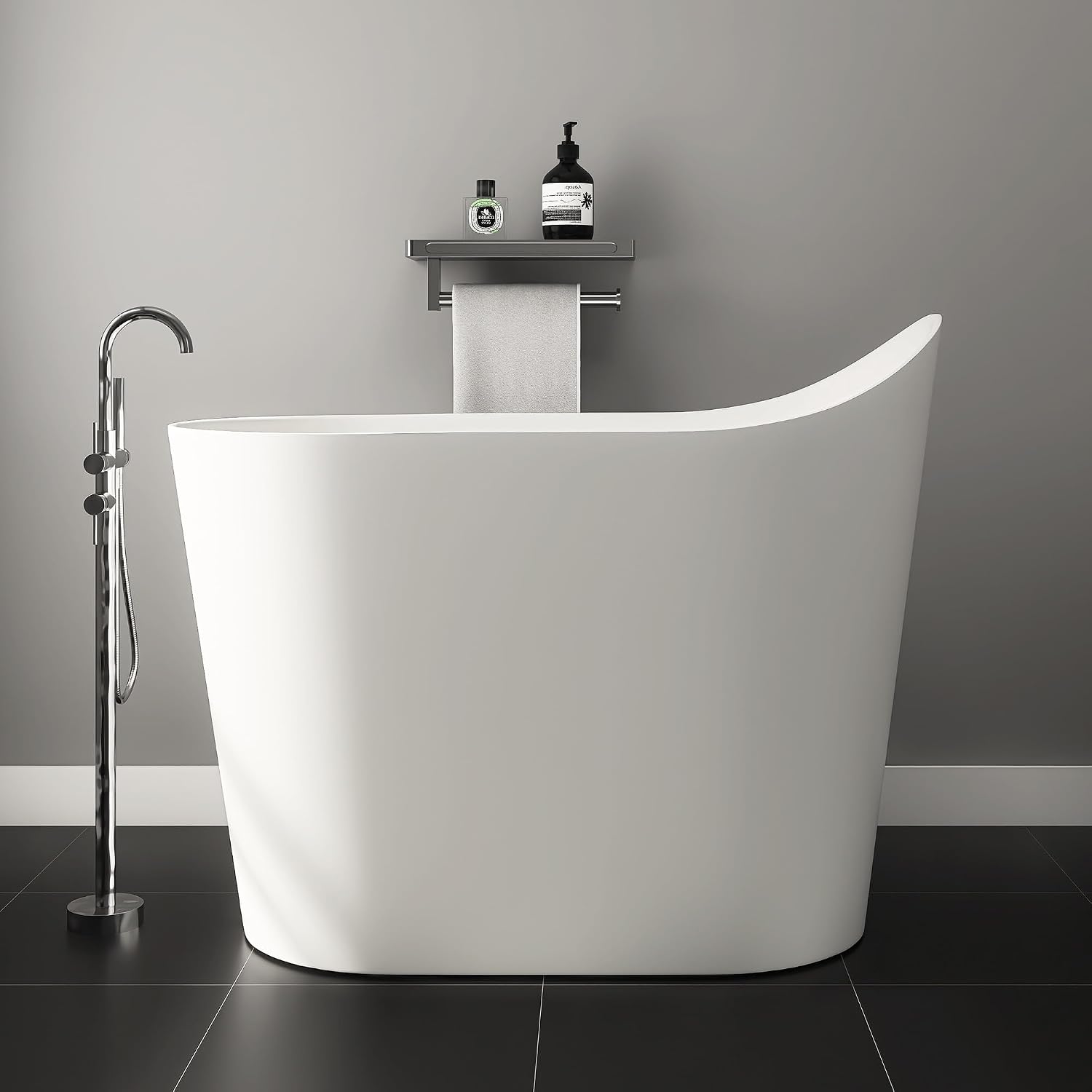 43' Stone Resin Janpanese Soaking Tub, Freestanding Deep Soaking Bathtub with Seat Desgin,Toe-tap Chrome Right Drain, Slotted Overflow, cUPC Certified, Matte White AMG026-1100