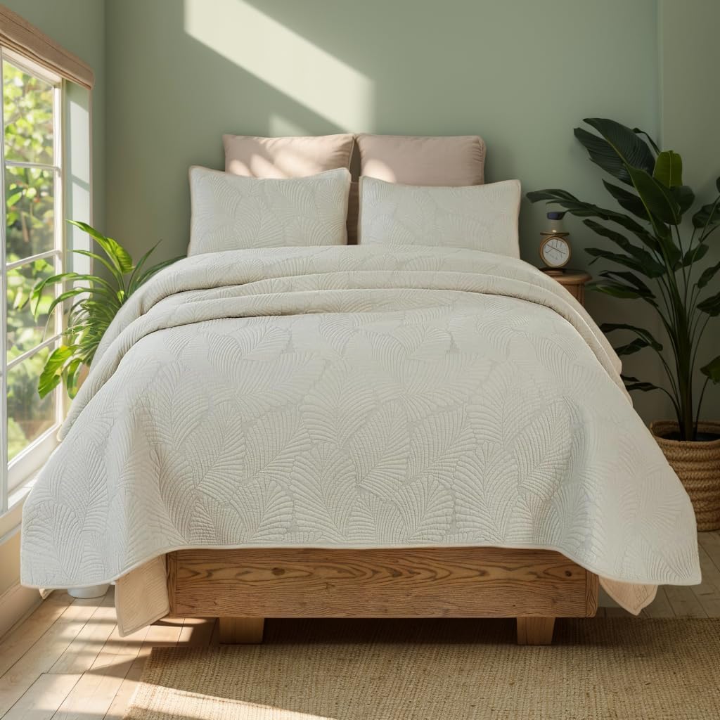 Brandream Beige Palm Stitch Quilt Set 100% Cotton King Size Luxury Embroidered Palm Leaf Bedding, Premium Hand-Stitched Tropical Quilt Set 3-Piece