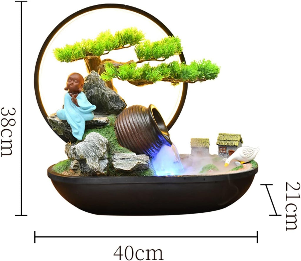 Tabletop Fountains Indoor Water Fountain, Artificial Bonsai and Buddah Statute Tabletop Fountain with LED Lights Zen Fountain for Home Office Bedroom Desk Decoration Indoor Water Fountains