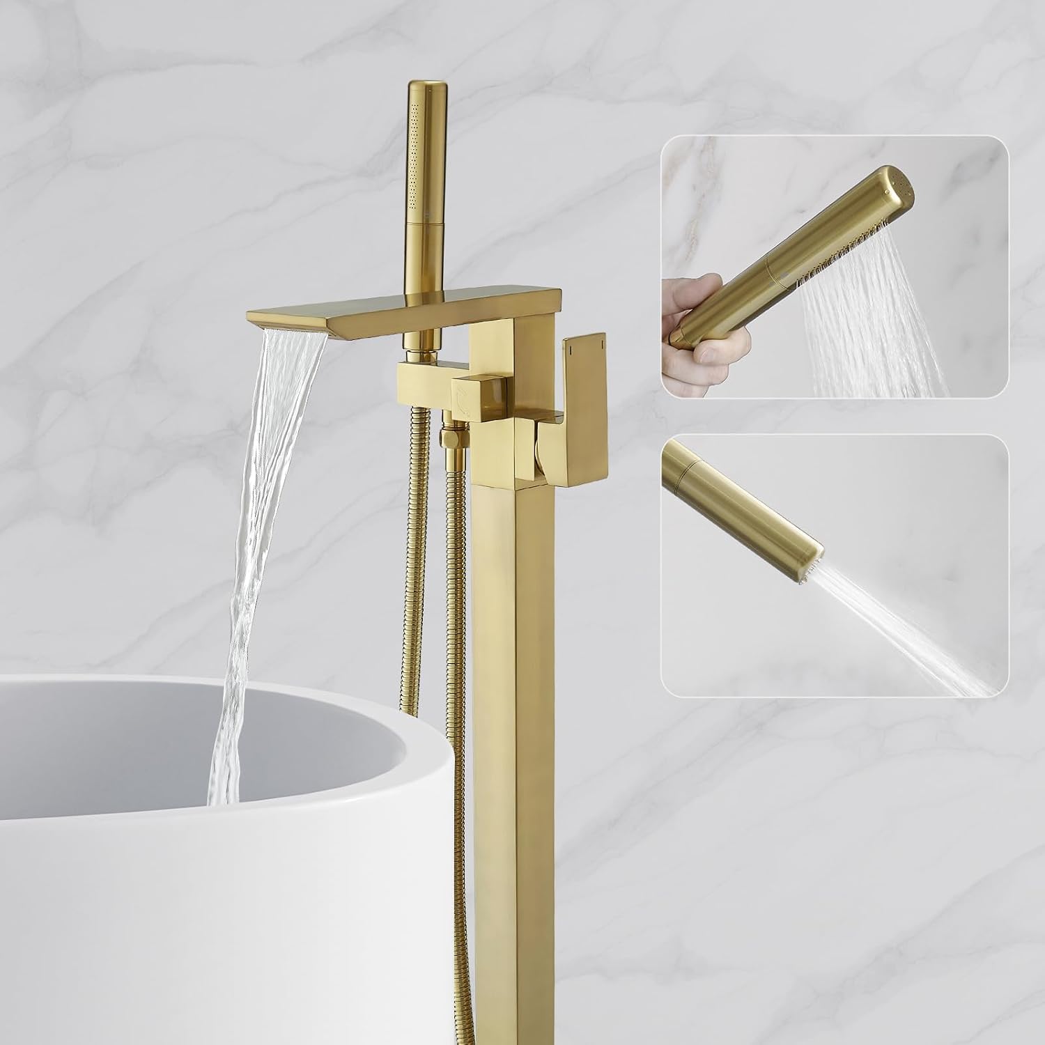RUMOSE Brushed Gold Bathtub Filler Freestanding Tub Filler Floor Mount Tub Faucet Waterfall Bathtub Faucet with CUPC Certified High Flow Brass Bath Shower Faucets with Handheld Sprayer