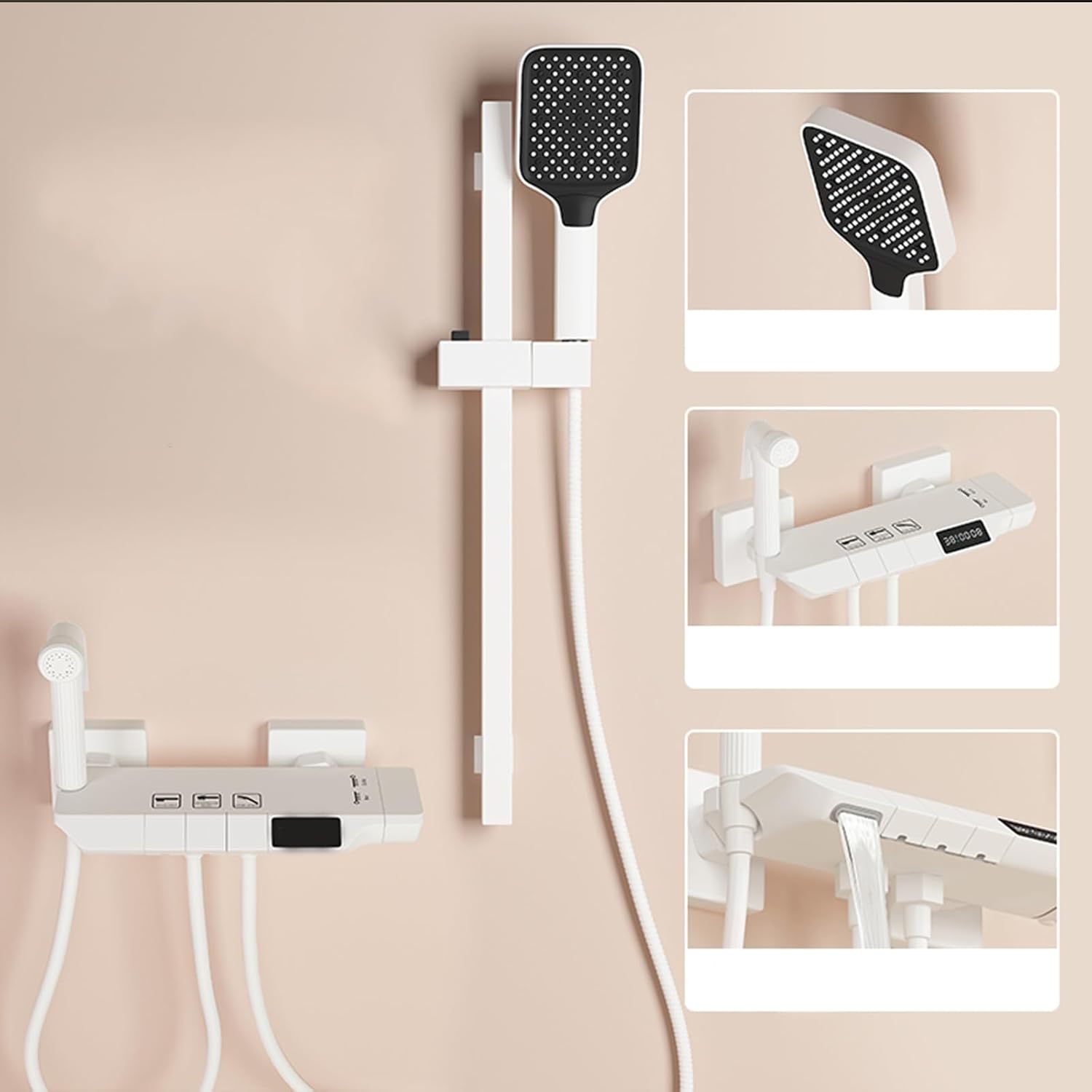 Shower set with lifting rod, shower set with three-speed square spray, bathroom shower set, with piano keys, booster spray gun, hidden drain, suitable for bathrooms, gyms, pet shops, hotels ( Color :