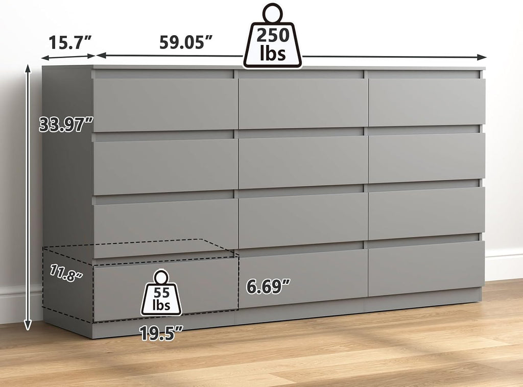 Vibe & Dine 12 Drawer Dresser, 59.1' Large Dresser for Bedroom Free Handle, Modern Wooden Chest of Drawers with Wide Storage for Living Room, Grey