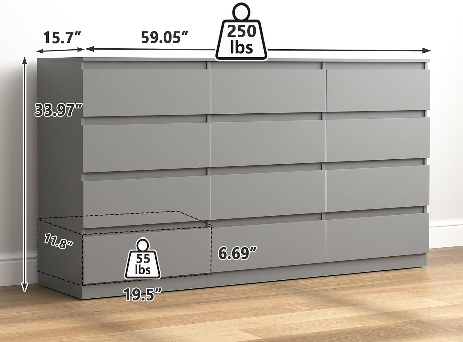 Vibe & Dine 12 Drawer Dresser, 59.1' Large Dresser for Bedroom Free Handle, Modern Wooden Chest of Drawers with Wide Storage for Living Room, Grey