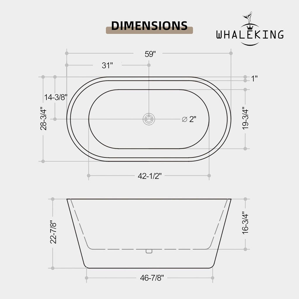 59 inch Freestanding Soaking Bathtub, Modern Stand Alone Free Standing Acrylic Tub with Center Drain & Overflow, Glossy White