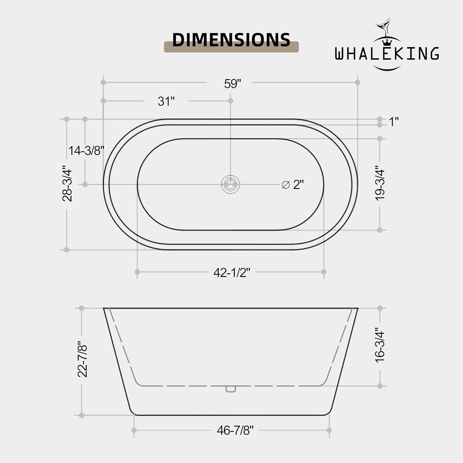 59 inch Freestanding Soaking Bathtub, Modern Stand Alone Free Standing Acrylic Tub with Center Drain & Overflow, Glossy White