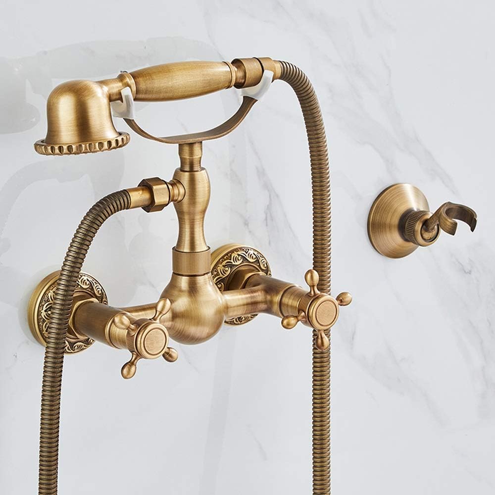 Vintage Retro Home H59 Brass Telephshower Set Double Handle Hand Held Shower Take a Shower Bathtub Shower Hand Spray Mixing Valve Hot and Cold Faucet in-Wall Taps/E Full Moon