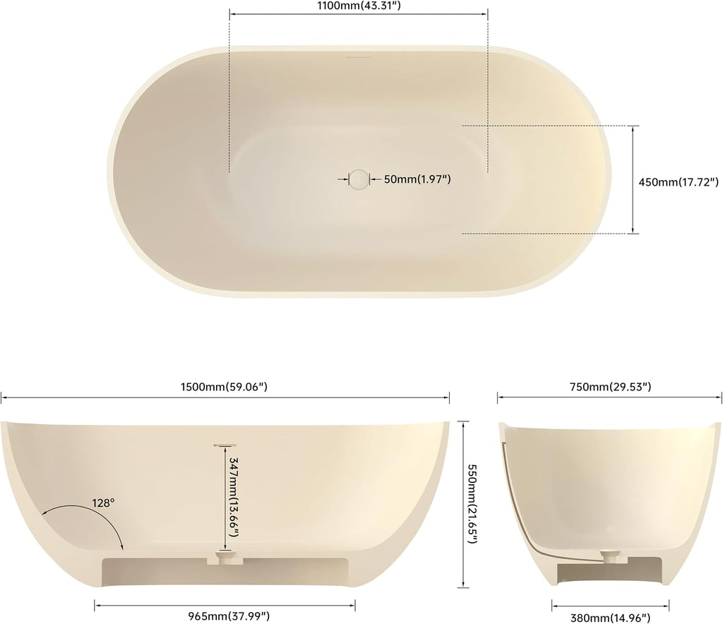 Premium 59' Cream Solid Surface Freestanding Bathtub, Upgraded Oval Stone Resin Tub with Overflow and Pop-up Drain