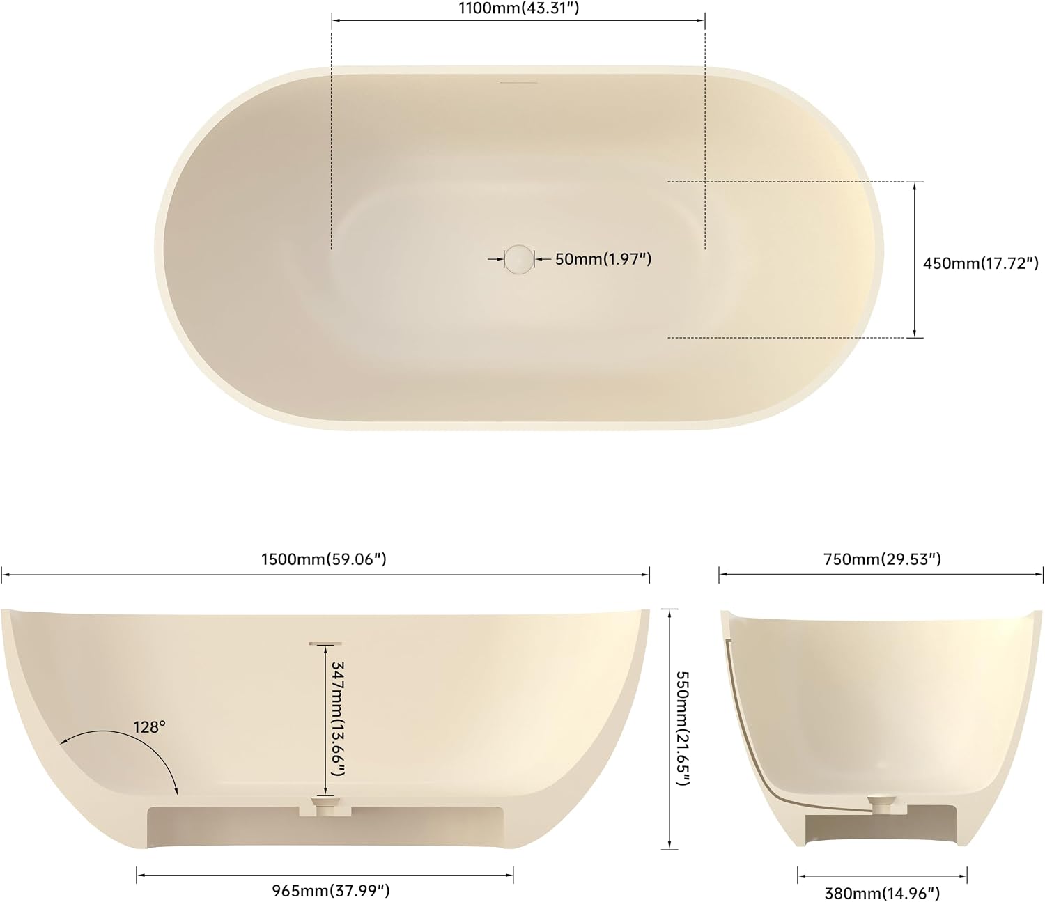 Premium 59' Cream Solid Surface Freestanding Bathtub, Upgraded Oval Stone Resin Tub with Overflow and Pop-up Drain