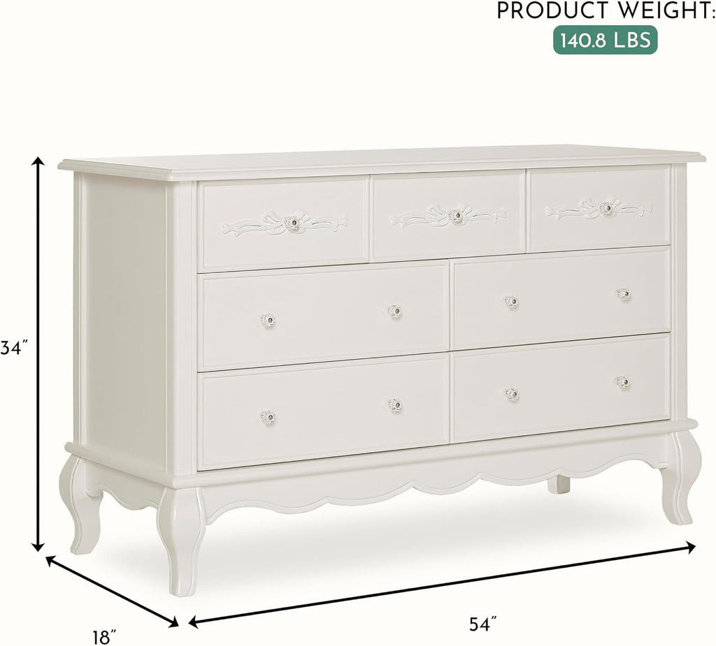 Evolur Aurora 7-Drawer Nursery Dresser – Ivory Lace | Assembled Double Dresser with Crystal Knobs, Queen Anne Legs, Large Storage for Baby Essentials