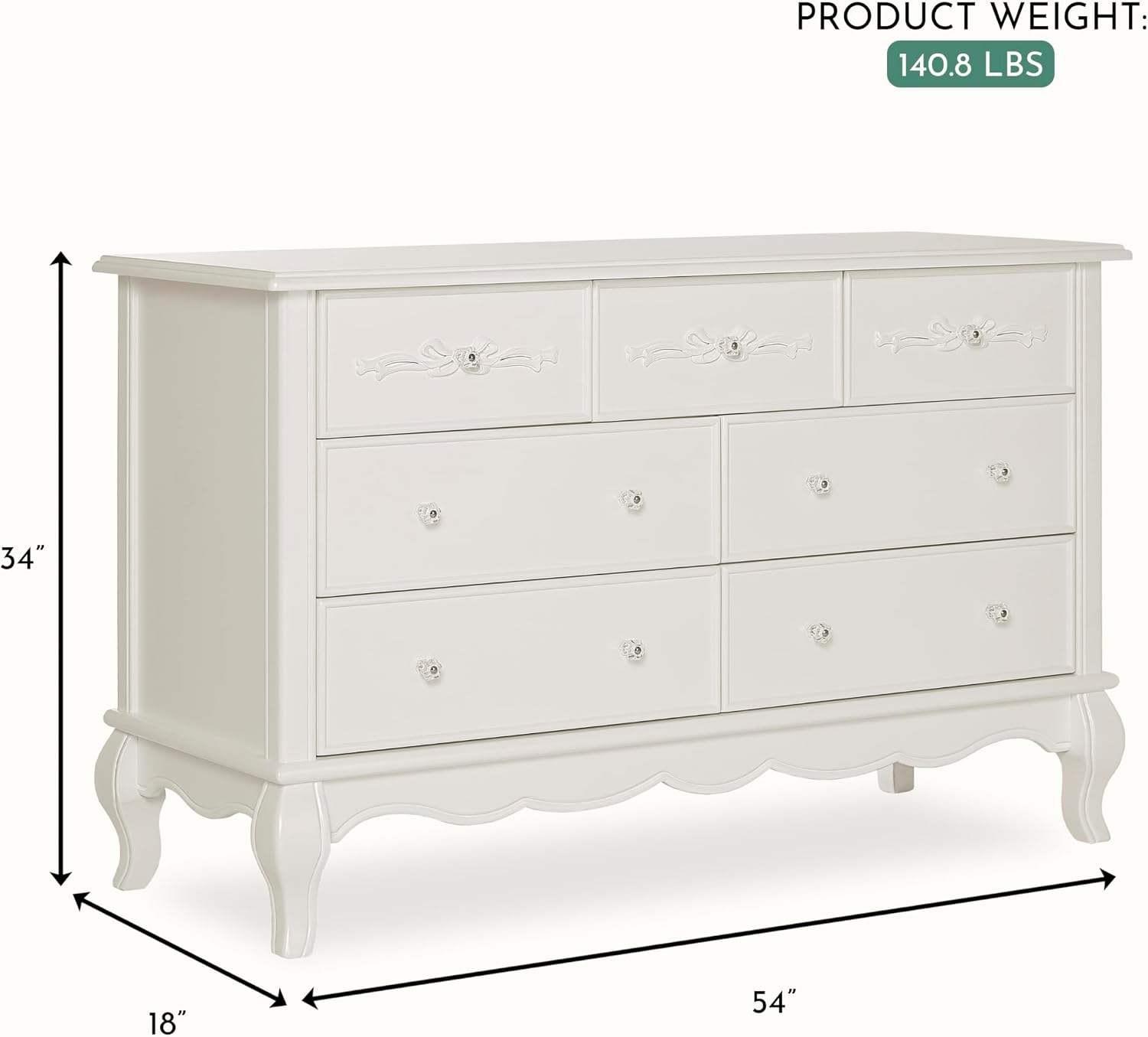 Evolur Aurora 7-Drawer Nursery Dresser – Ivory Lace | Assembled Double Dresser with Crystal Knobs, Queen Anne Legs, Large Storage for Baby Essentials