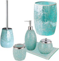 Modern Green Bathroom Accessories Sets 6 Pcs | Luxurious Toilet Brush, Small Trash Can, Glass Soap Dispenser, Toothbrush Holder, Cotton Glass Jar, Vanity Tray | Turquoise Bathroom Decor Mosaic Glass